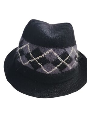 VTG Blk & Gray Argyle Knit Bucket Hat Soft Wool/Mohair Blend Cloche Y2K
